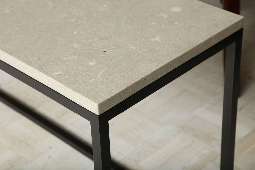 Contemporary Seagrass Stone Top Console on Blackened Metal Base For Sale