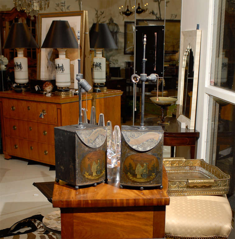 Pair of Antique Painted Square Tea Tins Lamps