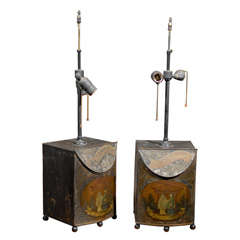 Pair of Antique Painted Square Tea Tins Lamps