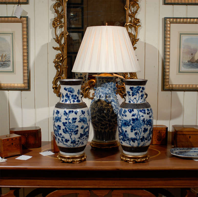 Pair of 19th century English blue and white crackleware vases on custom gilt stands - not attached
