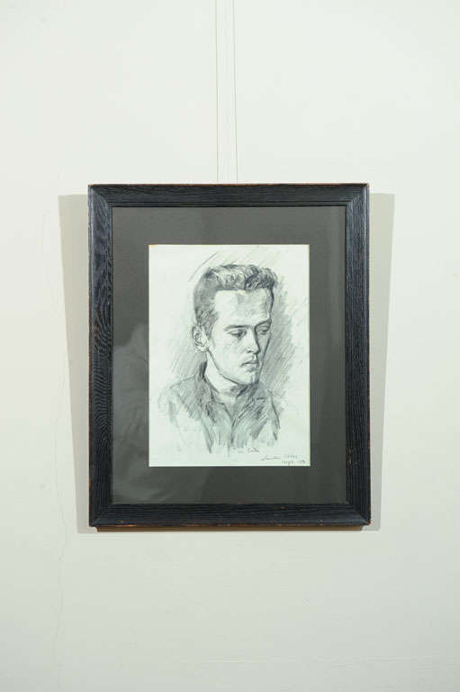 Graphite and charcoal portrait of a man by listed artist Lambro Ahlas. Signed on bottom right, 