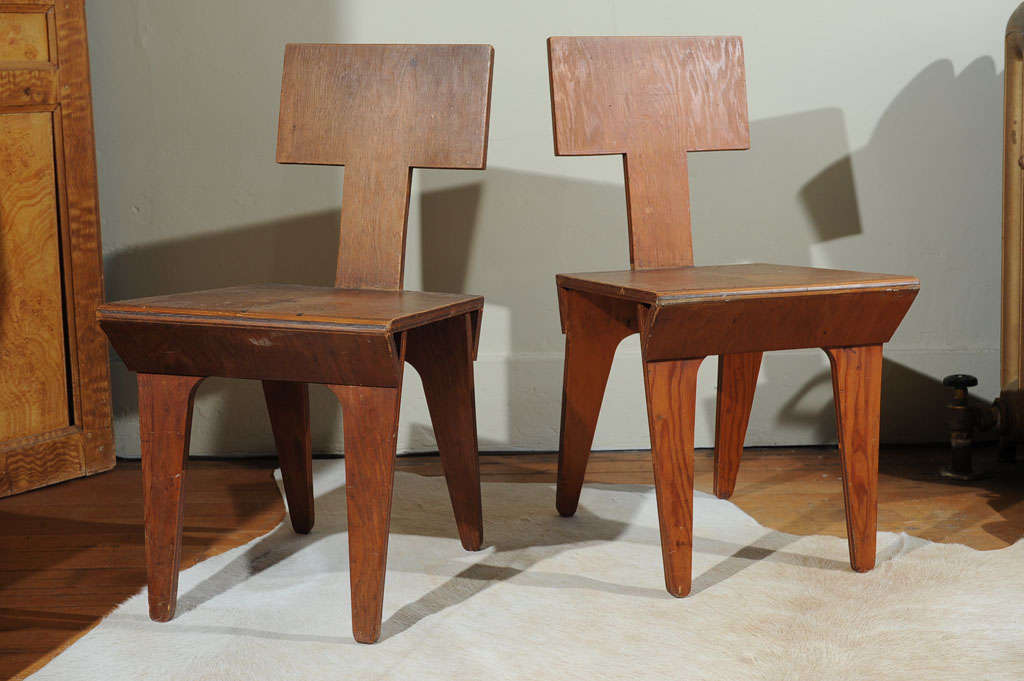Pair of Nathan Lerner Birch Plywood Chairs, designed for Popular Homes c. 1940s, USA. Developed at the New Bauhaus by the noted Chicago designer and photographer Lerner, the chairs were mailed to consumers as plywood boxes and assembled at home.