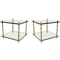 Pair Bamboo Motif Brass Two Tier Glass Coffee Tables
