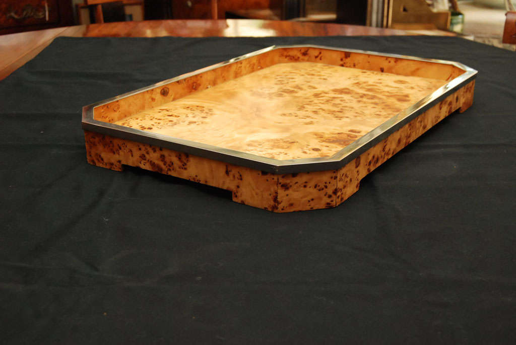 Burl wood tray with nickeled detail.

PICK UP LOCATION:
NAGA NORTH INC
536 Warren Street
Hudson, NY 12534
518-828-8585
naganorth@gmail.com