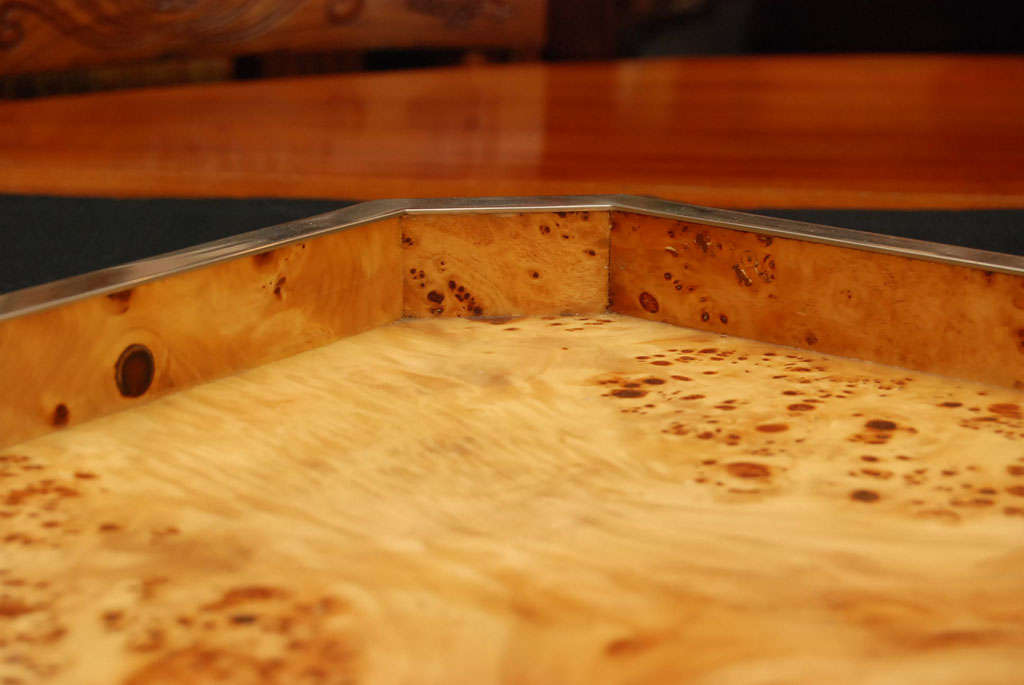 Burl wood Tray with Nickeled Detail In Excellent Condition In Hudson, NY