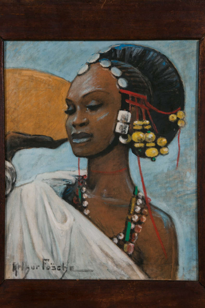 Oil on canvas depicting a Fulani woman signed on the lower left by Pierre Foache. The Fulani are nomadic herders living in the Sahel and particularly in Mali. 

The typical work of the French Africanist school of the 1920s-1930s fascinated by