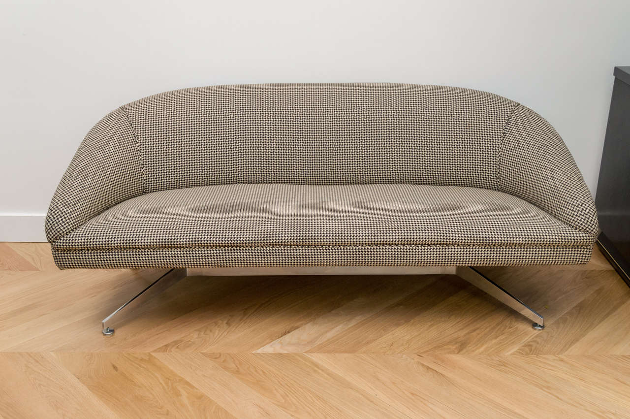 Simple yet sleek Ward Bennett sofa with the original wool houndstooth fabric, on satin aluminum double Y-form legs.