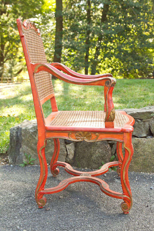 Italian Carved and Painted Wood Armchair, w/caned seat &back. For Sale 3