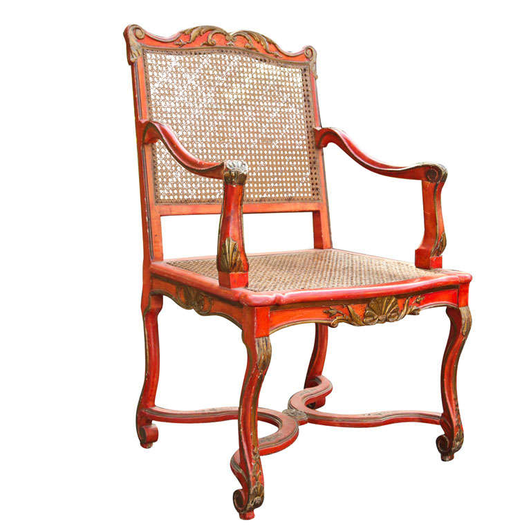 Italian Carved and Painted Wood Armchair, w/caned seat &back. For Sale