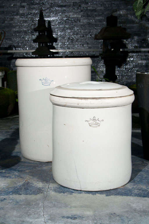 THE CROCKS -SMALLER ONE HAS COVER -CERAMIC CROWM DESIGN ON FACE-SMALLER JUG IS IS 21