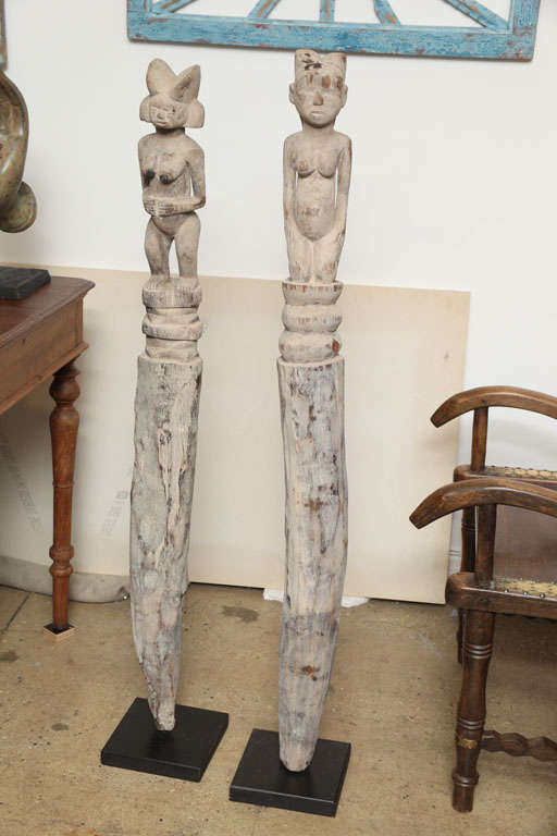 Hand-carved Hey Hey Posts from Mali.  Whitewashed, indigenous sculpture.  Dimensions of larger item shown below.  Sold separately.