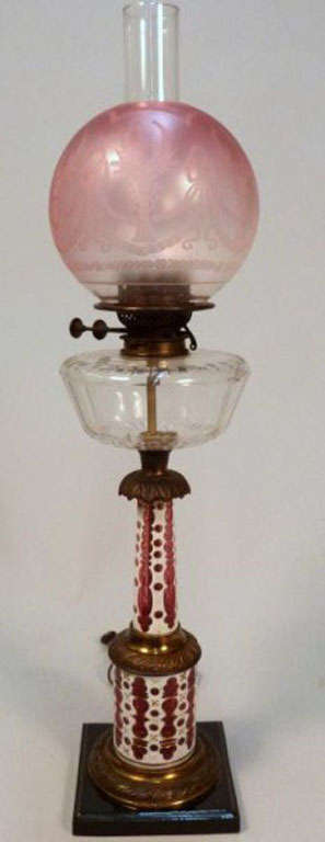 Overlay Cut Crystal Converted Oil Lamp.