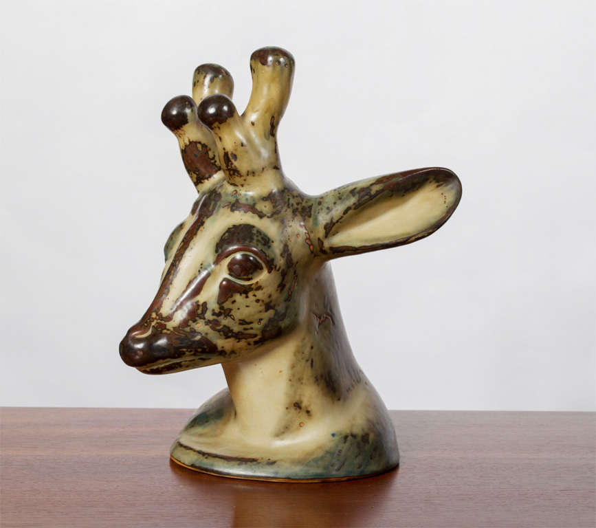 Stoneware deer's head, sung glaze. Signed Salto.