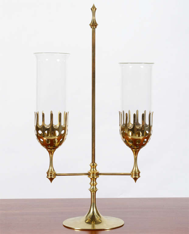 Bjorn Wiinblad, hurricane lamp of brass with displays of glass, height adjustable.