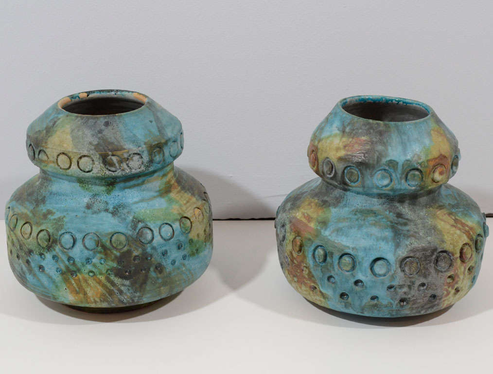 Store closing-- last day is 7/31. Offers welcome! Exquisite mid-century vase pair by Alvino Bagni for Raymor. Hand-thrown, double-gourd ceramic form finished in his signature 