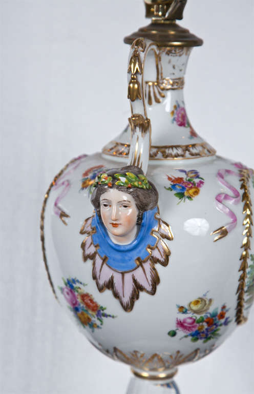 French Pair of Porcelain Meissen Style Urn Form Lamps, No Shades