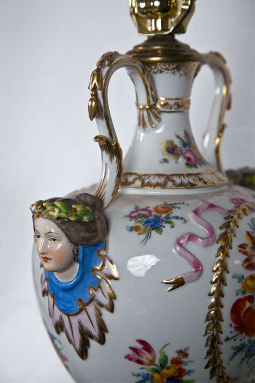 Metal Pair of Porcelain Meissen Style Urn Form Lamps, No Shades