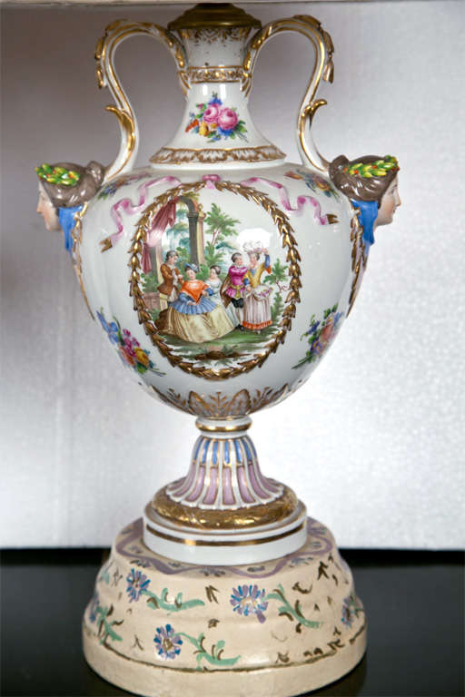 Pair of Porcelain Meissen Style Urn Form Lamps, No Shades 2