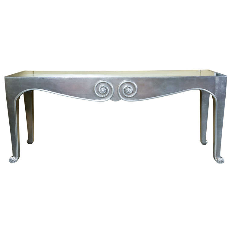 Sally Sirkin Lewis, Art Deco, Console Table, Silver Leaf, Glass Top, 1970s For Sale