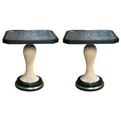 Pair of Painted Silver-Leaf Glass Top End Tables