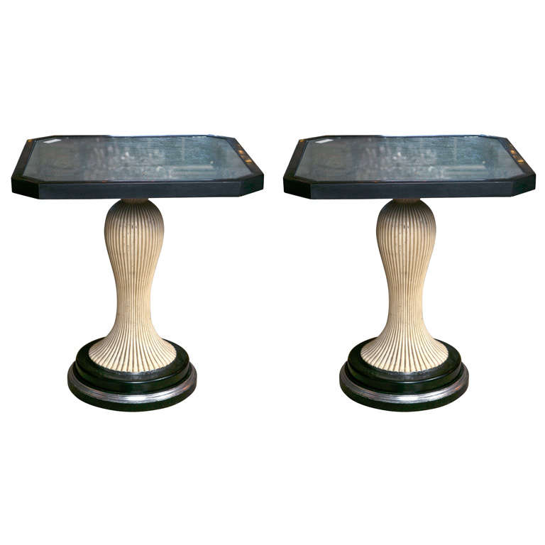 Pair of Painted Silver-Leaf Glass Top End Tables