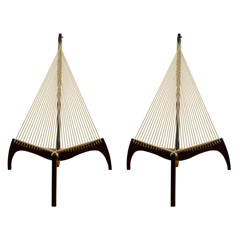 Pair of wood and rope "harp" chairs by Jorgen Hovelskov