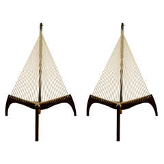 Pair of wood and rope "harp" chairs by Jorgen Hovelskov