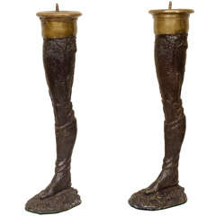 Pair Of Classical Motif Bronze Leg Candlesticks