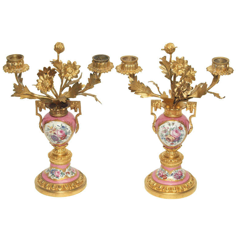 Pair Antique French " Rose Pompadour"  Ormolu Candelabra