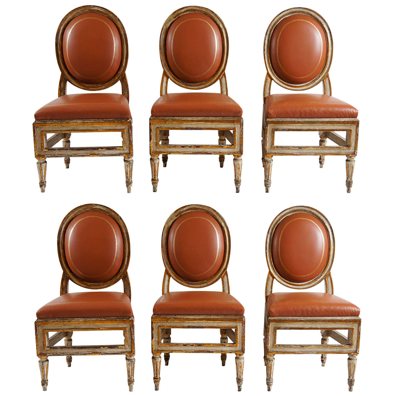 Extraordinary Set of Six Italian Parcel Gilt Dining Chairs, Naples c. 1785