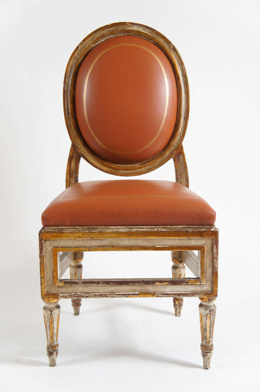 Carved Extraordinary Set of Six Italian Parcel Gilt Dining Chairs, Naples c. 1785