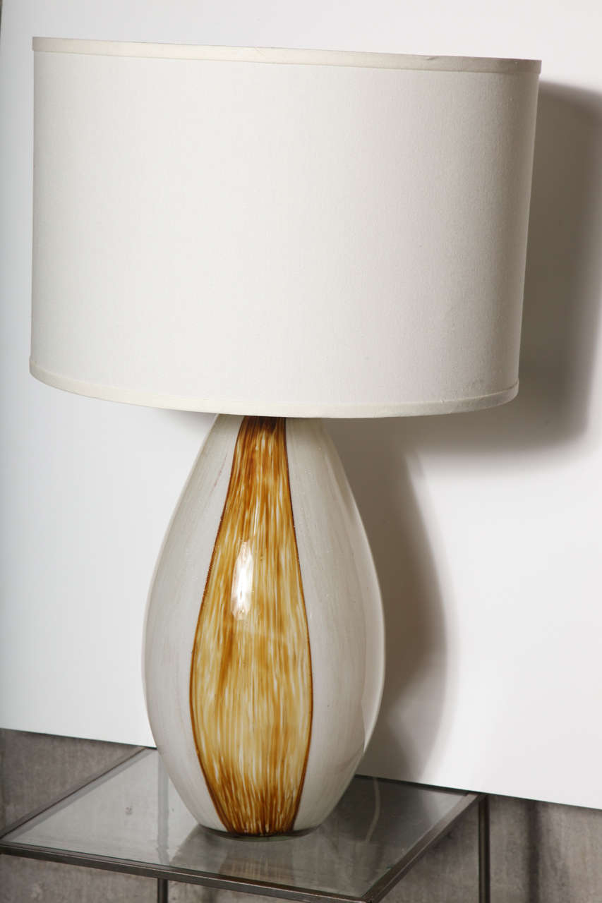 Mid-Century Modern Pair Of White and Amber Murano Glass Table Lamps