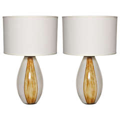 Pair Of White and Amber Murano Glass Table Lamps