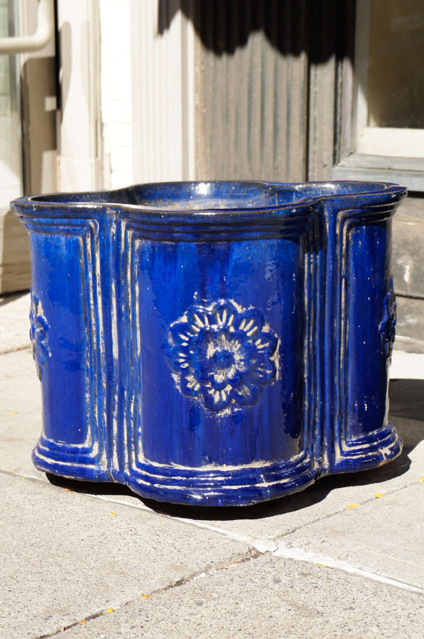 A Large Pair of  Vintage French Faience Planters In Excellent Condition In Hudson, NY