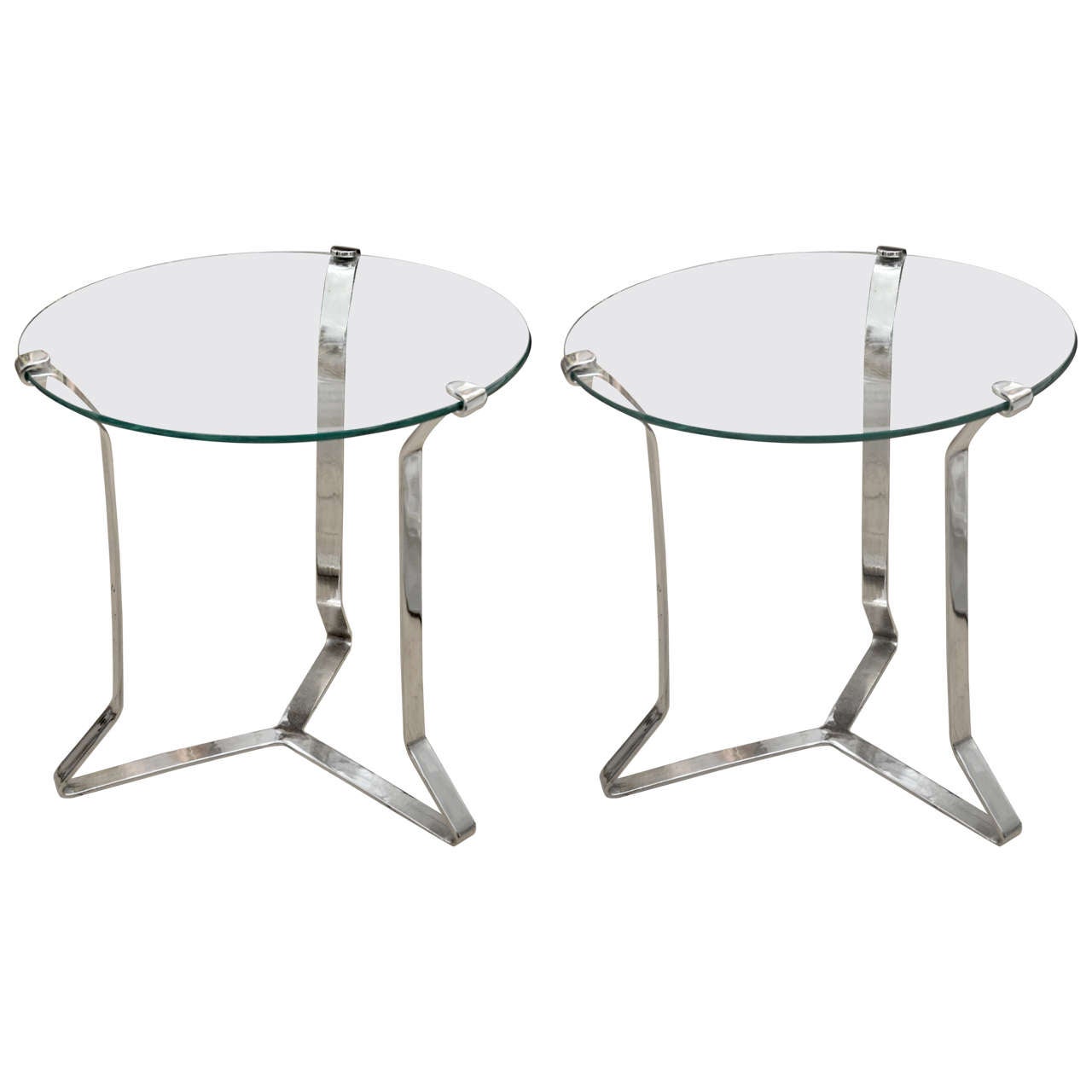 Pair of Glass and Nickel "X" Base Tables with Clip Detail For Sale