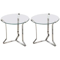 Pair of Glass and Nickel "X" Base Tables with Clip Detail