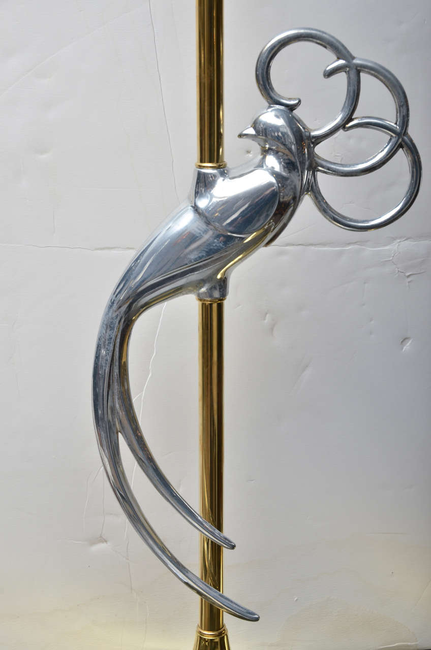 Pair of Brass Table Lamps with Stylized Chrome Exotic Bird at Centre 1