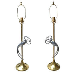 Pair of Brass Table Lamps with Stylized Chrome Exotic Bird at Centre