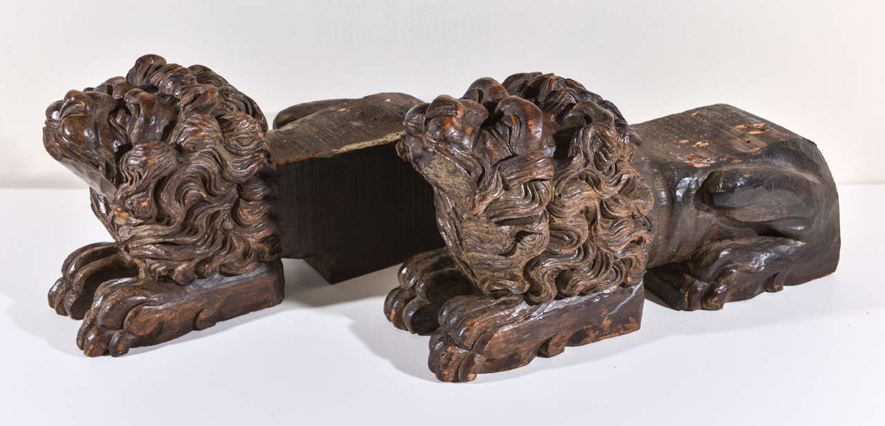 Carved Wood Lion Figure Bookends or Wall Brackets In Good Condition In Houston, TX