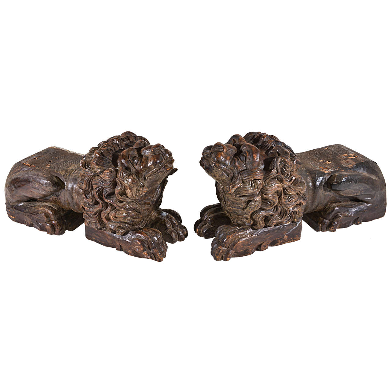 Carved Wood Lion Figure Bookends or Wall Brackets