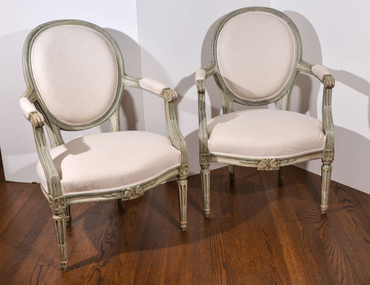 Pair of 19th c. Louis XVI Style Painted Arm Chairs