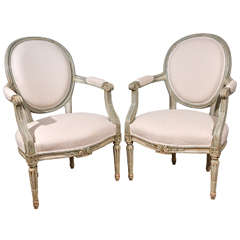 Pair of 19th c. Louis XVI Style Painted Arm Chairs