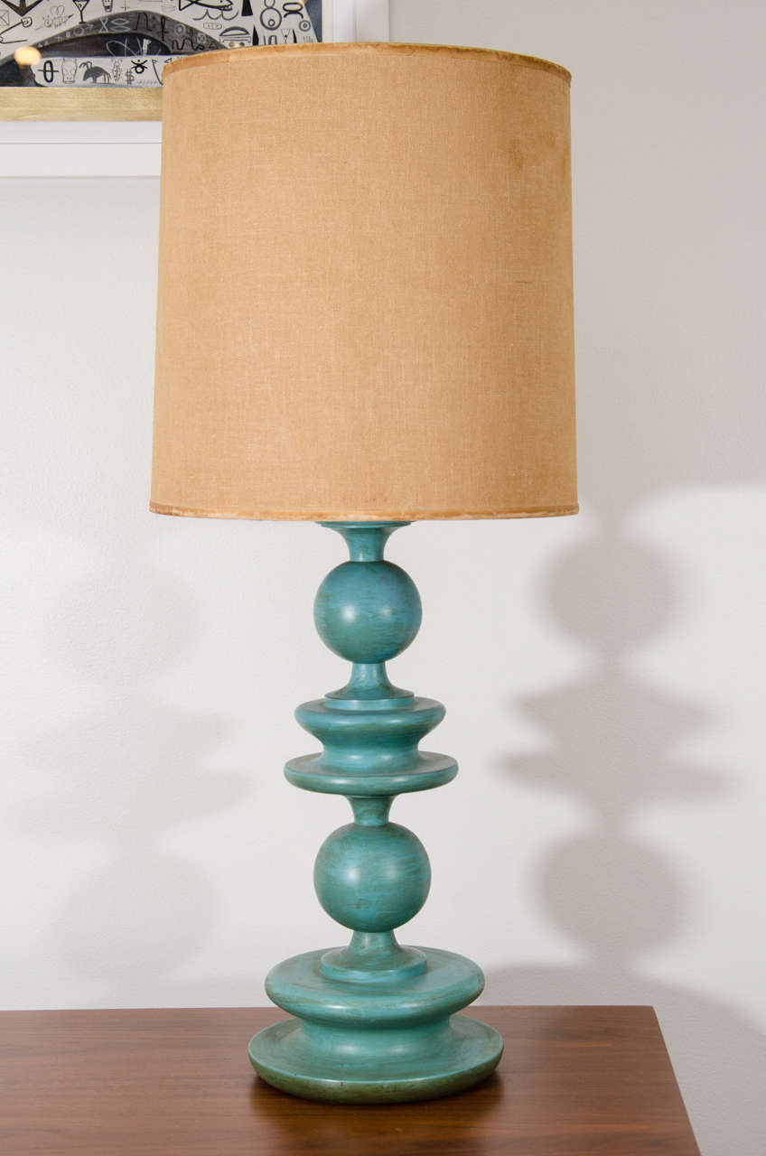 1950's wooden lamp with original turquoise paint.