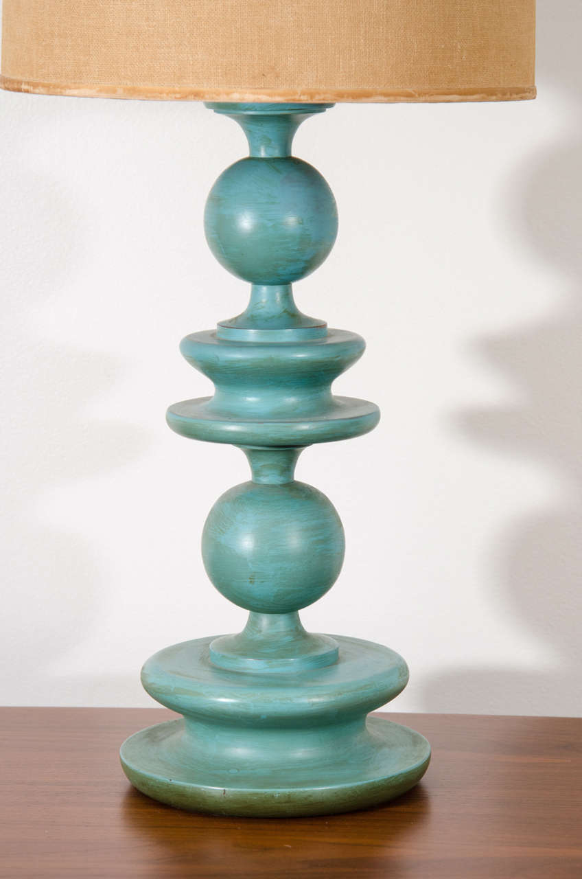 American 1950's wooden lamp with original turquoise paint