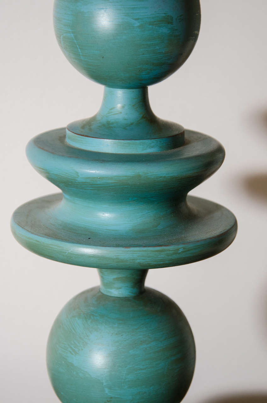 1950's wooden lamp with original turquoise paint In Good Condition In New York, NY