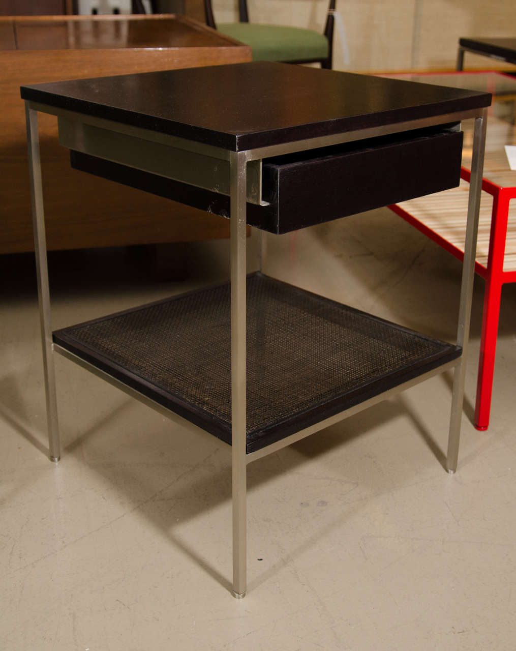 Contemporary Signature Ebonized Bedside Tables with Satin Nickel Frames and Caned Shelves For Sale