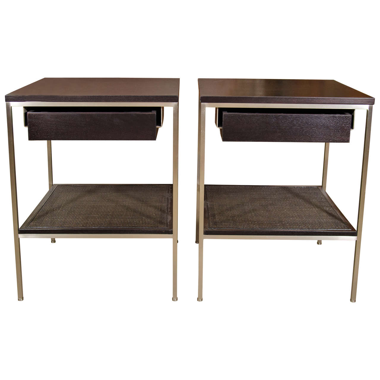 Signature Ebonized Bedside Tables with Satin Nickel Frames and Caned Shelves For Sale