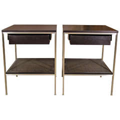 Signature Ebonized Bedside Tables with Satin Nickel Frames and Caned Shelves