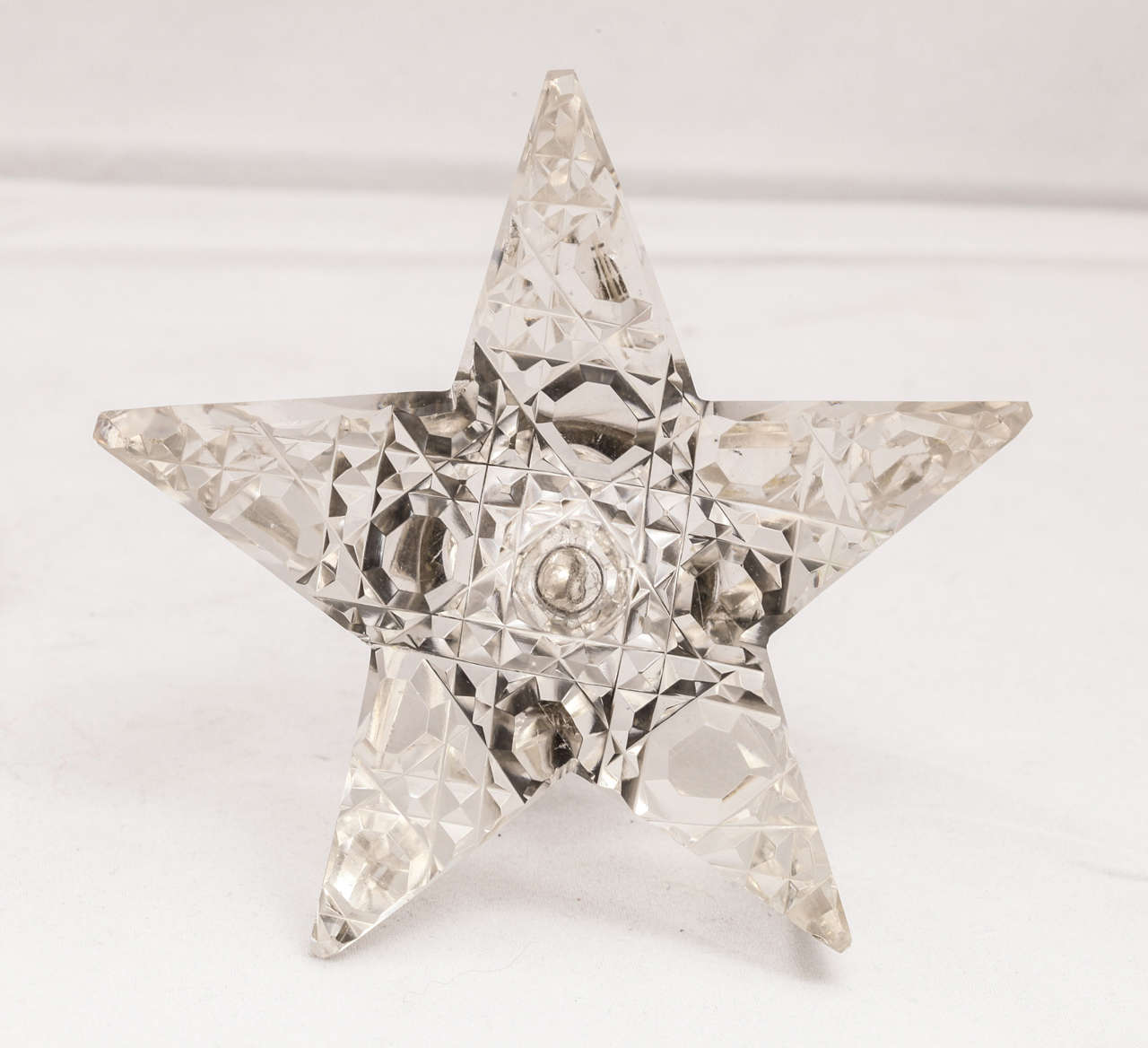Unusual, Victorian, sterling silver-mounted, star-form crystal inkwell, Birmingham, England, 1900, A.W. Penington - maker. Underside of crystal base is hobnail-cut; these cuts are reflected in the clear, five 