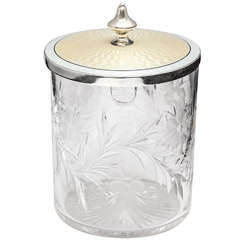 Antique Tiffany Sterling Silver, Pale yellow Guilloche Enamel and Crystal Condiments Jar